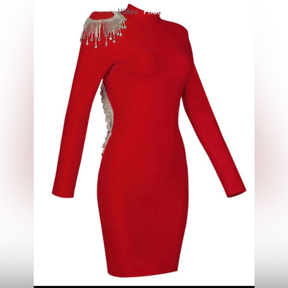 NWT CRYSTAL RED BEADING FRINGE LUXURY BANDAGE DRESS IN LARGE, SMALL - Picture 4 of 4